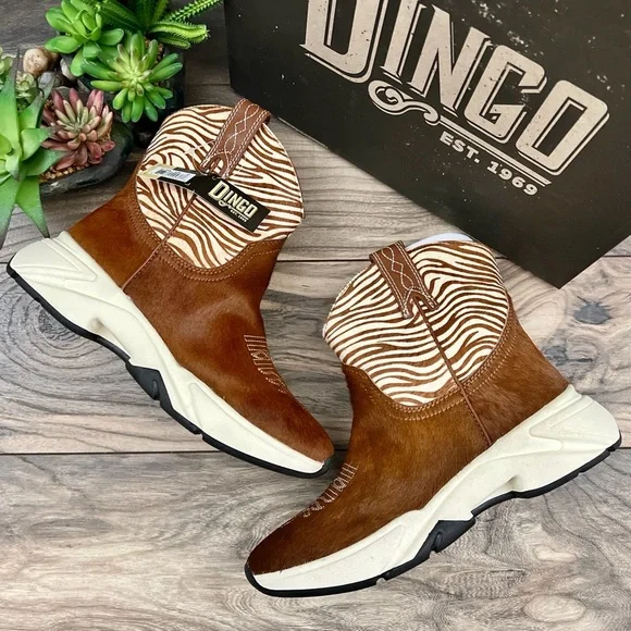 NIB Dan Post Dingo Safari Haircalf Western Cowboy Sneaker Boots Tan Zebra 9M - Picture 2 of 11